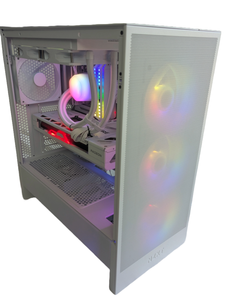 Centaurus Argon PC CC Argon custom gaming computer with Ryzen 9 7900X CPU and RX 7800 Xt GPU built in a white case with a large window and ARGB lights