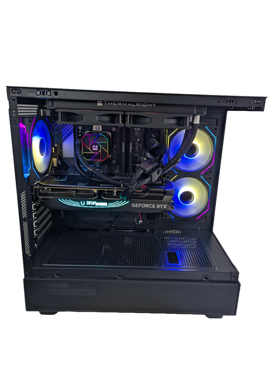 Liquid cooler and GeForce GPU Open view of the panoramic case