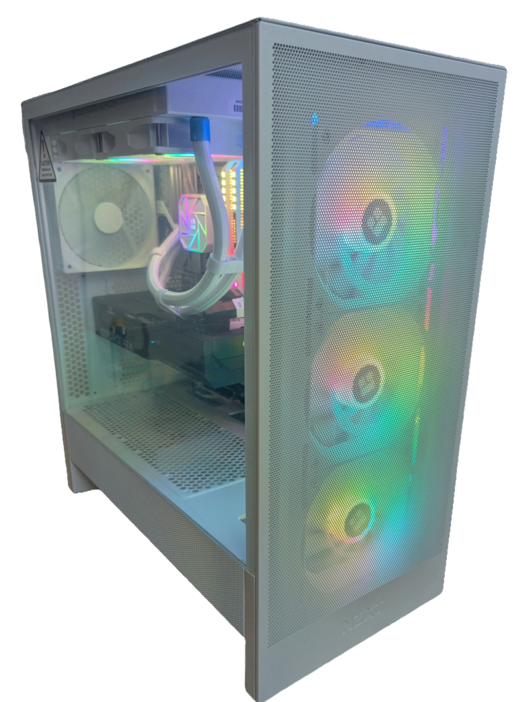 Centaurus Argon PC CC Argon custom gaming computer with Intel Ultra 7 265K CPU and RTX 4070 SUPER GPU built in a white case with a large window and ARGB lights