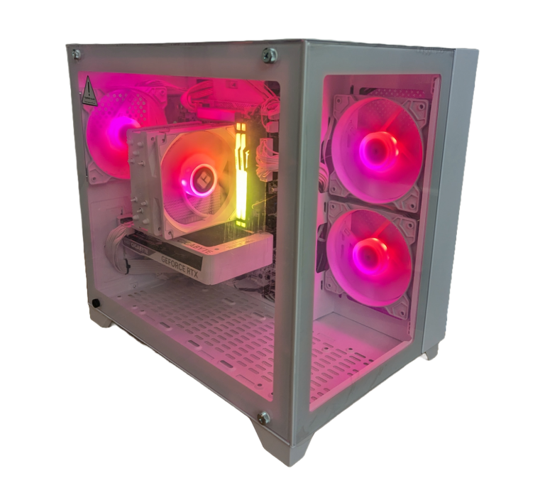 Centaurus Monolith PC CC Monolith custom gaming computer with Intel i9 12900K CPU built in a compact white case with a panoramic window and ARGB lights