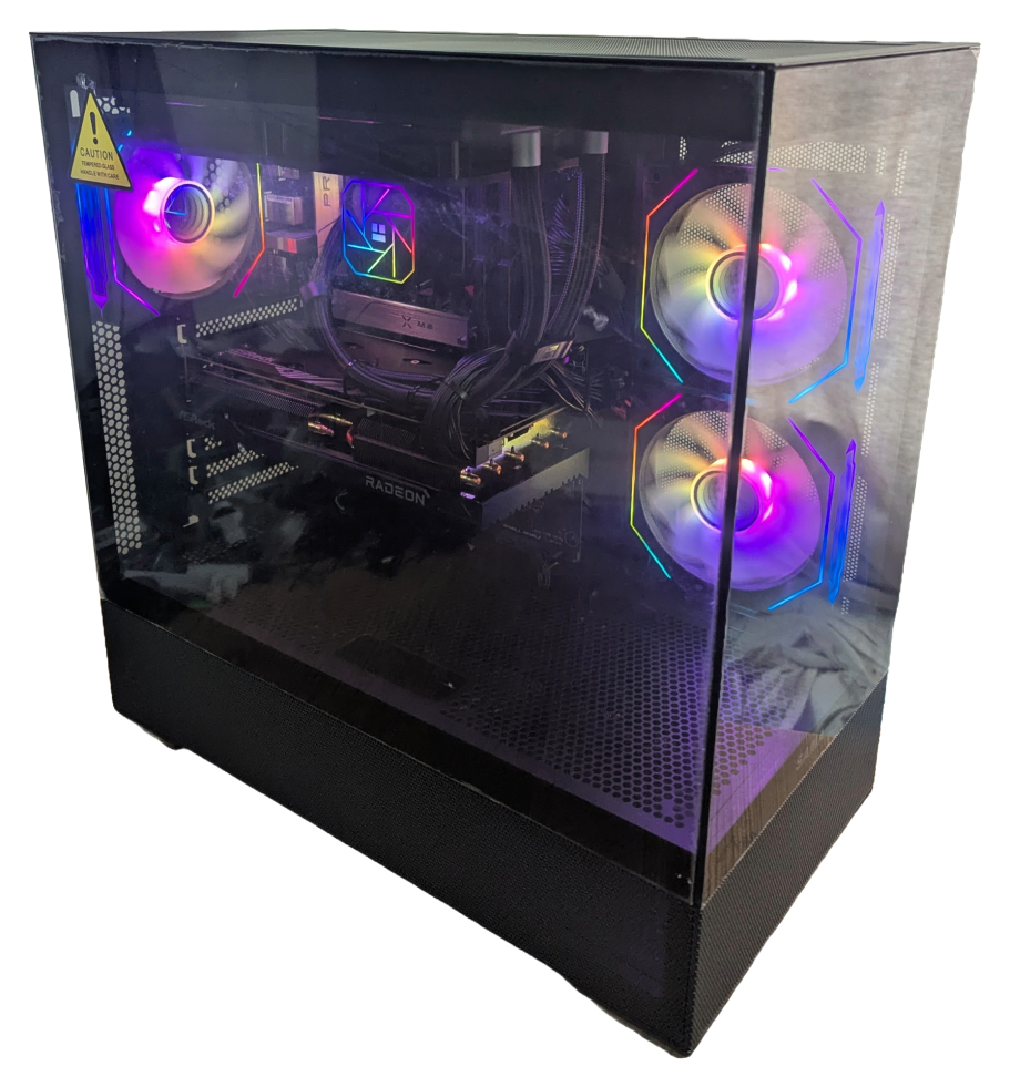 SAMA SV02 computer case A gaming PC with RGB fans and a transparent side panel showcasing internal components.